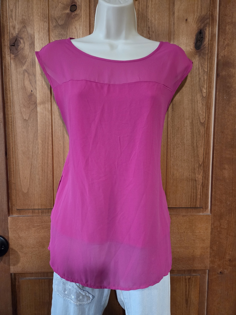 DKNYC Sheer Yoke Cap-Sleeve Blouse in‎ Fuchsia